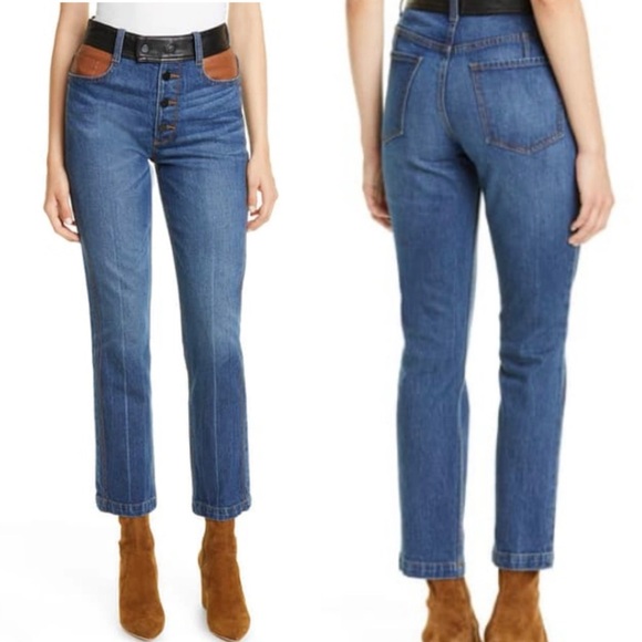 Frame Denim Denim - FRAME LE SYLVIE LEATHER DETAIL STRAIGHT LEG JEANS IN FLYNN